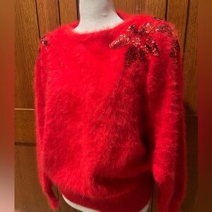 Vintage Mario Red Angora Sweater ❤️Sequin Holiday Poinsettias Padded Shoulders